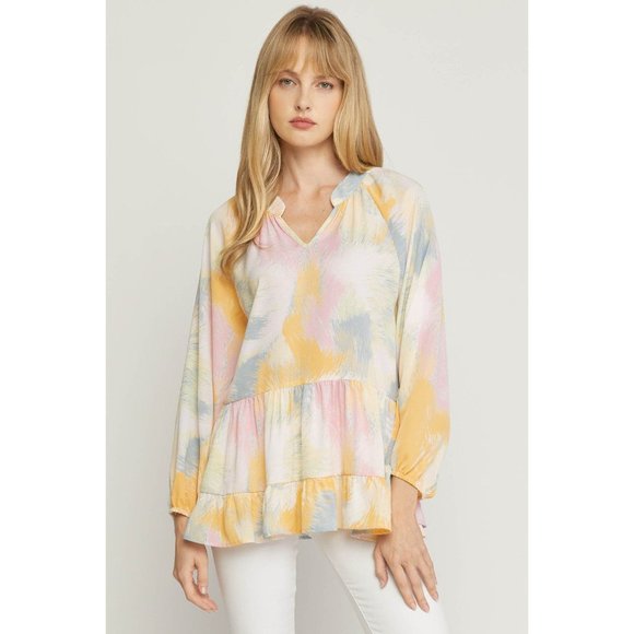 entro Tops - Entro V-Neck Tiered Top, Pink Blue